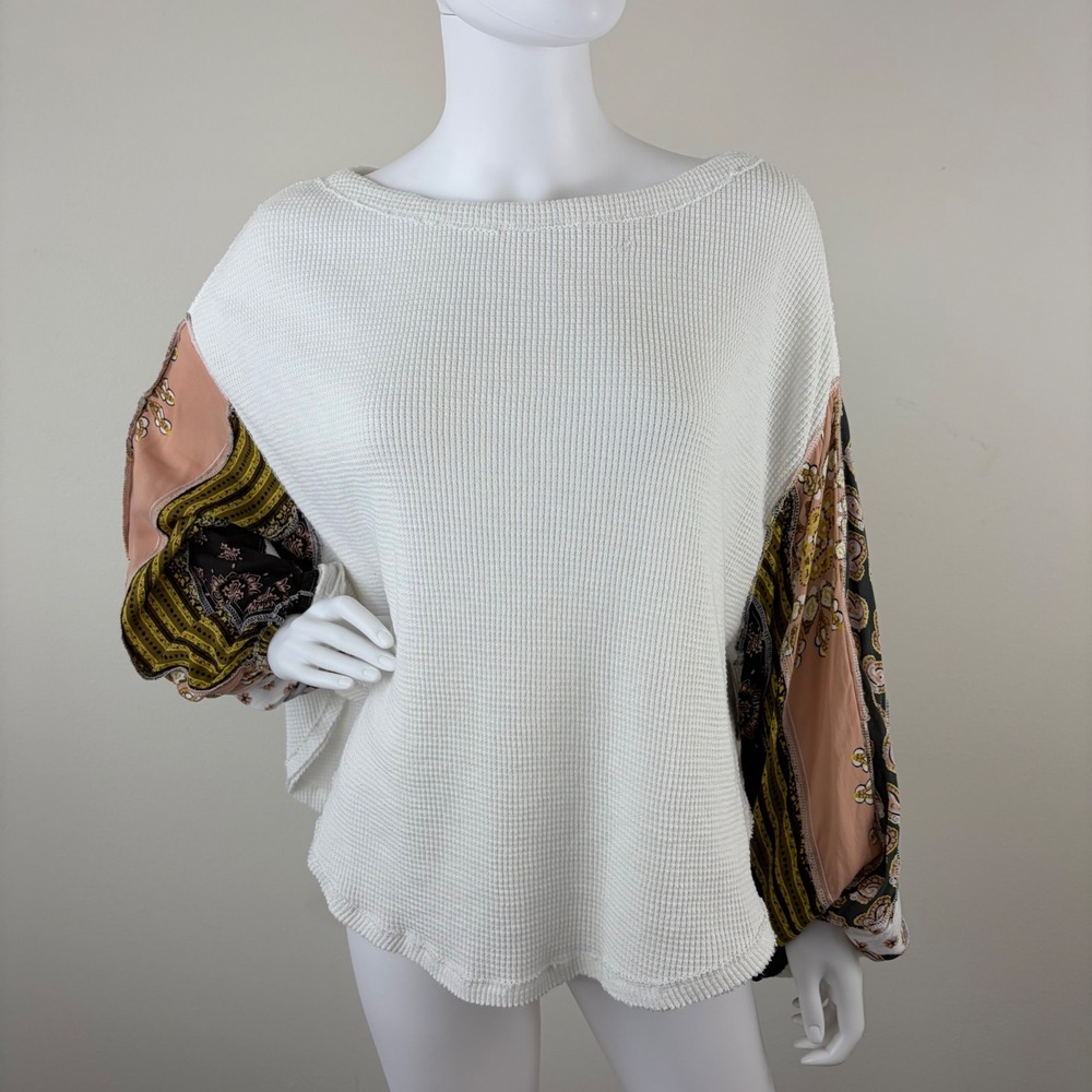 We The Free People Mixed Print Waffle Knit Balloon Sleeve Top White Oversized Sm